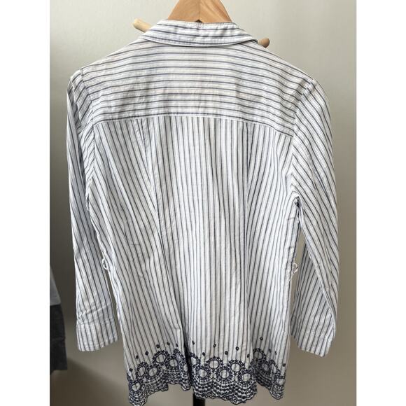 Womens Medium Linen Feel Top Long Sleeves Collared Striped Blue Embroidered - Picture 8 of 12